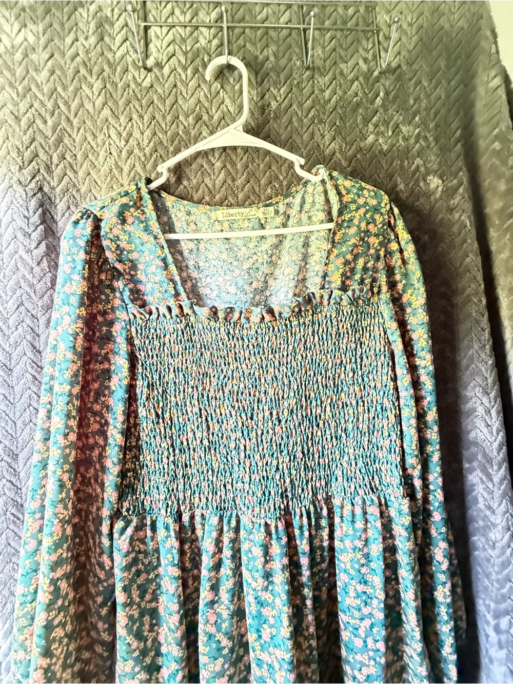 liberty green floral smocked long sleeve dress with yellow accents